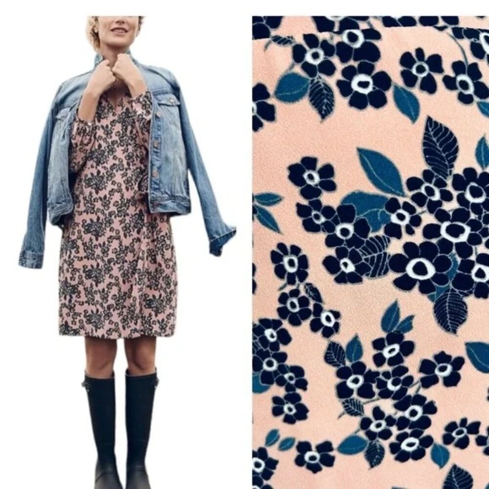 J. CREW Floral Crepe Wrap Dress Size 0 Rose Pink and Blue Long Sleeves